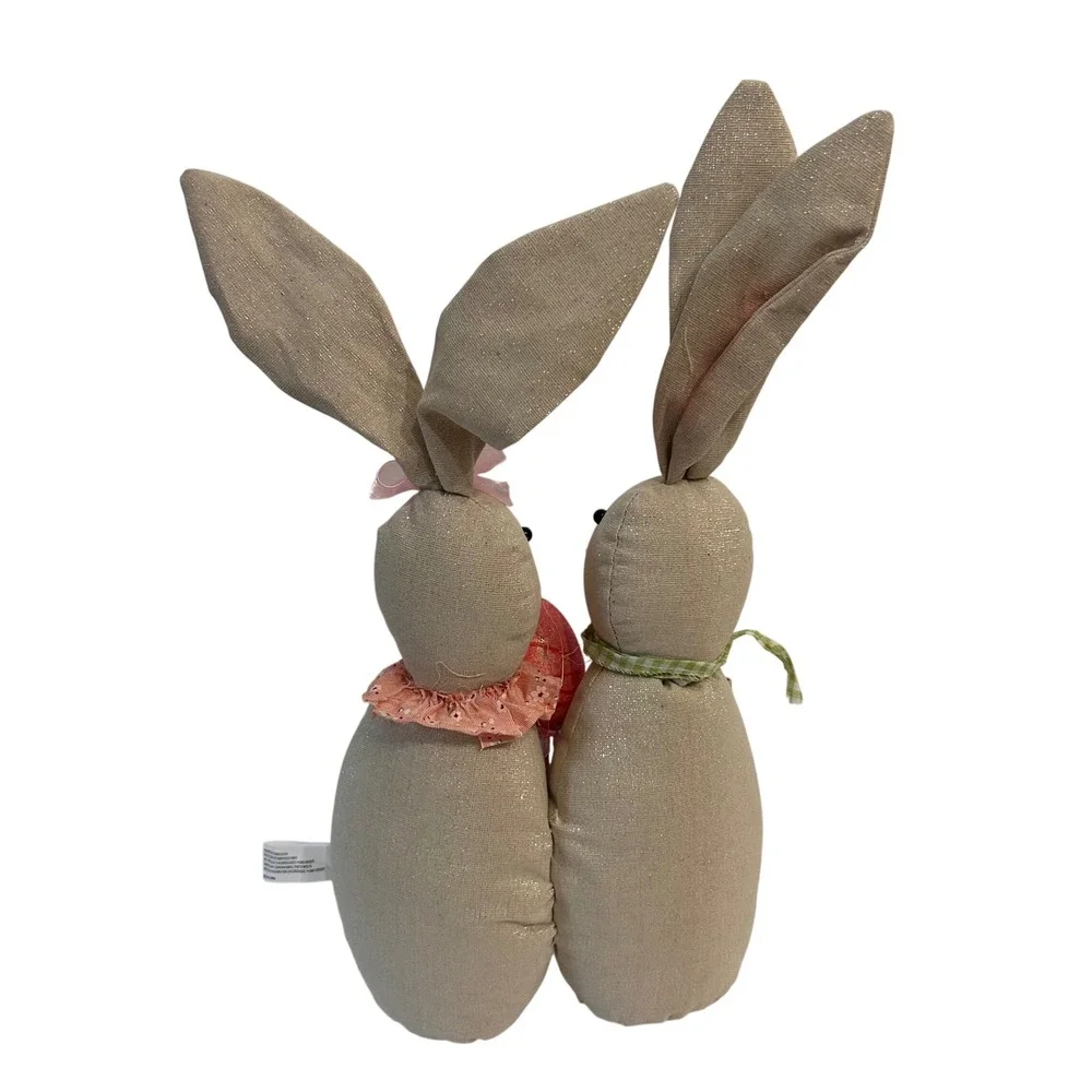 Easter Bunny Couple Figurine Shimmer Fabric Rabbits Pink Egg Spring Decor 17.5in